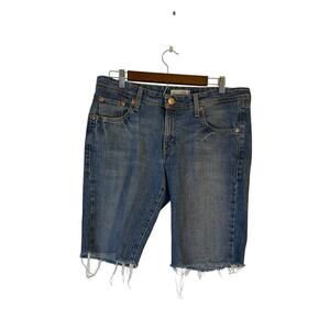 Superlow Cutoff Bermuda Denim Shorts Size 11 Blue Distressed Frayed Hem